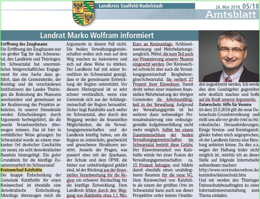 Auszug aus Amtsblatt 05/18 Seite 3: Landrat Marko Wolfram informiert, Quelle: Amtsblatt 05/18 